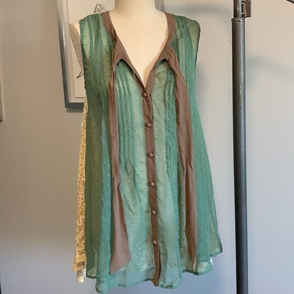 Ryu Sheer Lace Ruffle Green Brown Shirt Dress Boho Fairy Small New with Tags - Picture 5 of 8